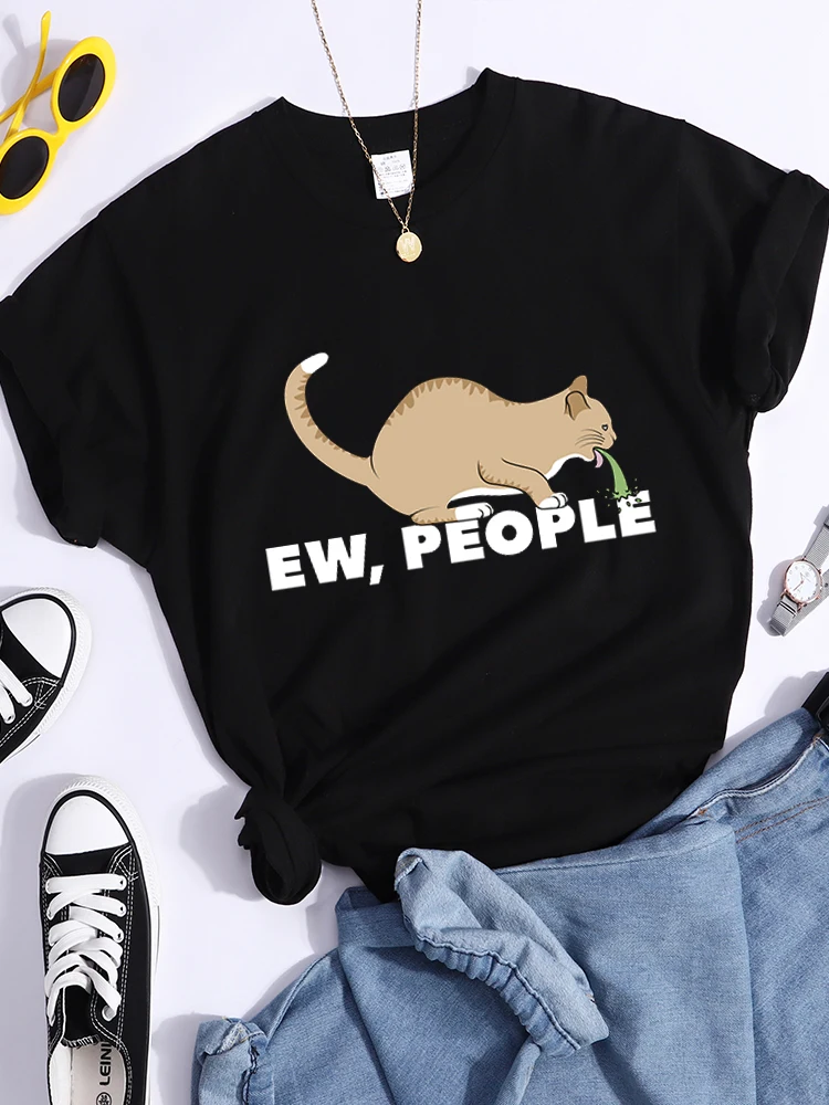 Ew, People Funny Vomiting Cat T-Shirt Female Summer Breathable T Shirts Cool O-Neck Crop Top Fashion Street Hip Hop T Shirt