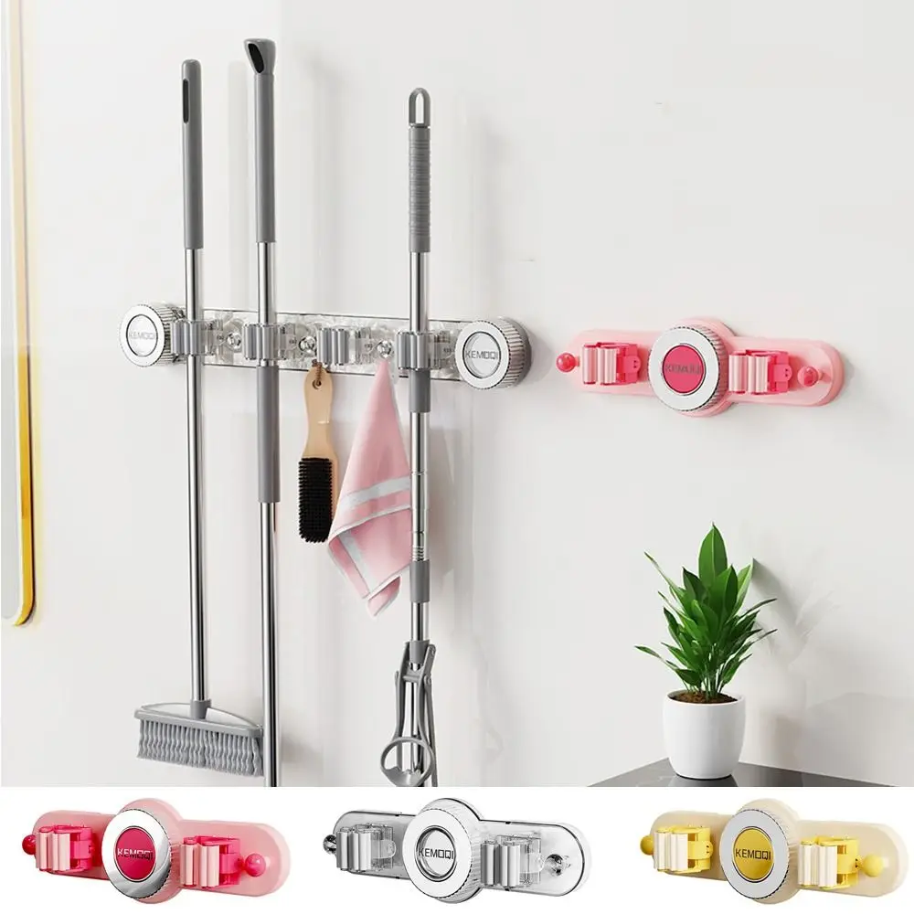 

Plastic Suction Cup Mop Holder Non Punching Wall-Mounted Broom Hanger Space-Saving with Hook Broom Storage Rack Bathroom