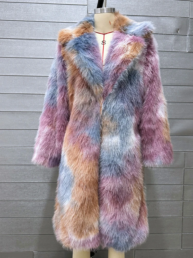 Fashion Colorful Tie Dye Print Lapel Long Fur Coat Women Thick Warm Winter Outerwears Furry Overcoat Fluffy Jacket Faux Fur Coat