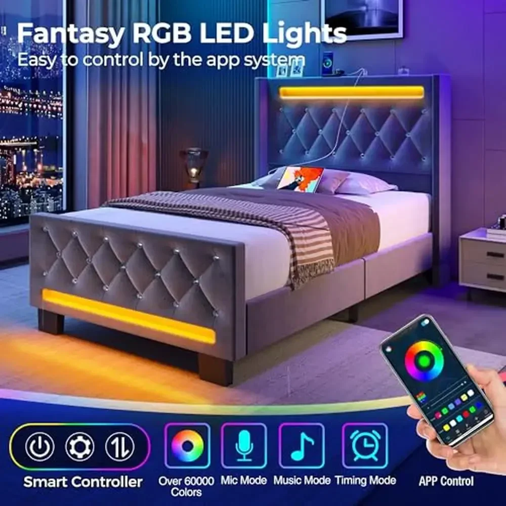 Upholstered Velvet Twin Bed Frame with RGB LED Light Charging Station High Headboard & Footboard Wood Slats Noise Free Easy