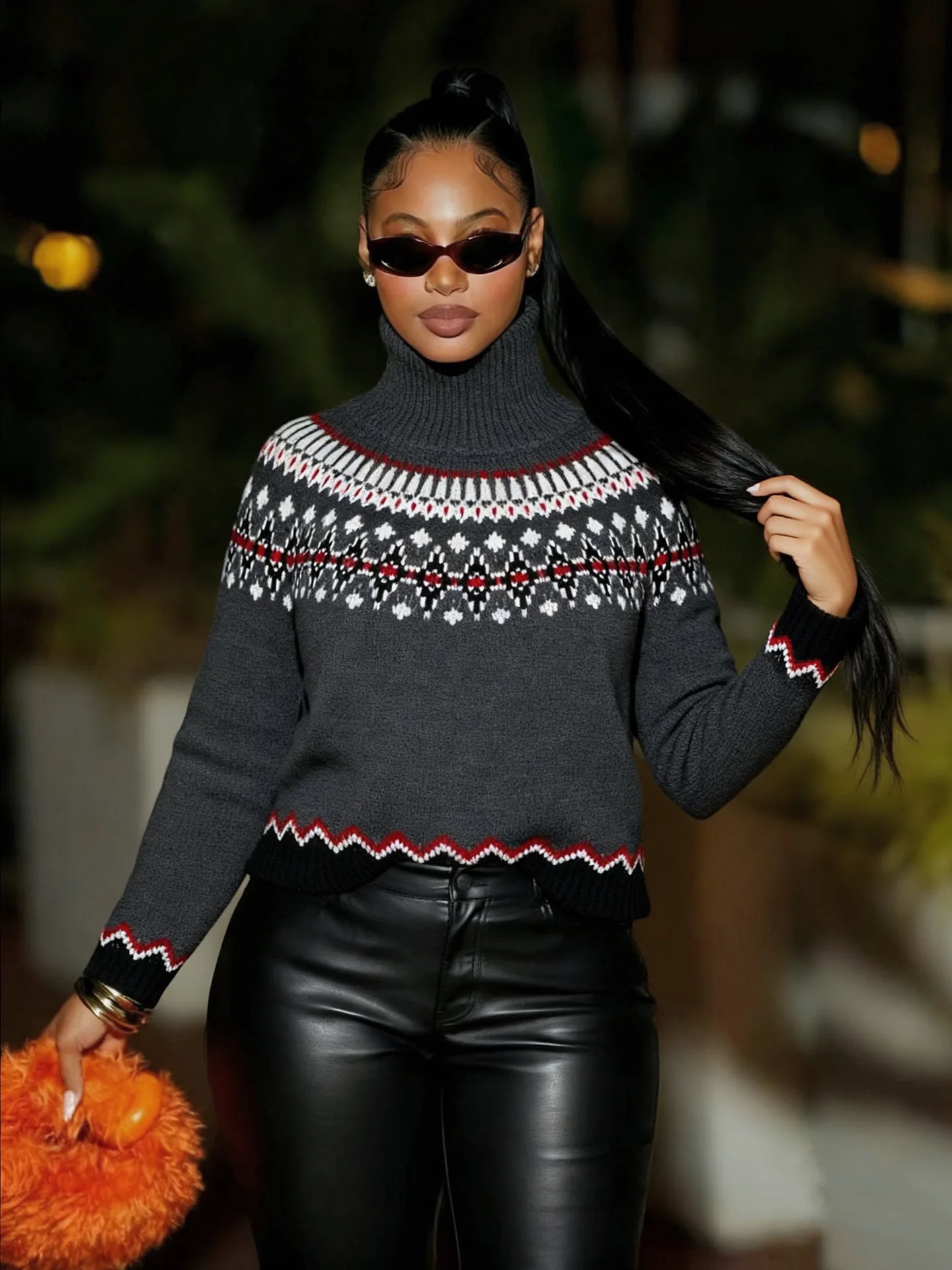 Women Sweater Autumn Winter Fashion Color Contrast High-Neck Jacquard Sweater Retro Ethnic Style Loose Warm Knitted Sweater Top