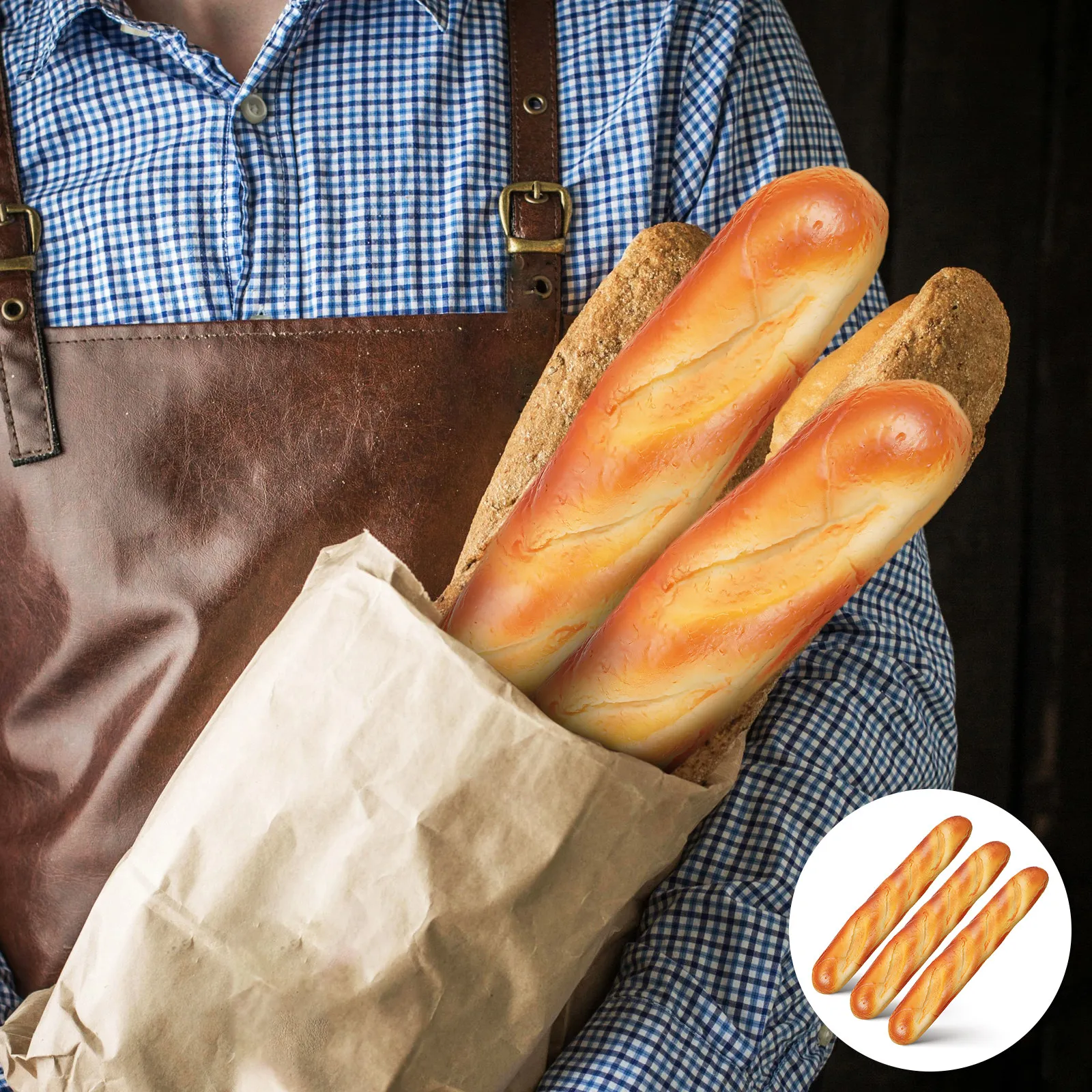 Kitchen Set Bakery - 3個セットのリアルなフェイクフランスパンセット、自然な色合いのPUバゲット、キッチンやベーカリーのディスプレイ、写真撮影用小道具