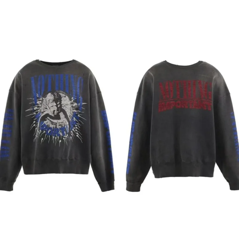 Saint Washed High-Quality Black Fashion High-Street Patterned Printed Vintage Distressed Crew Neck Pullover Sweatshirt