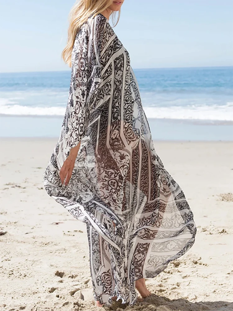 Extra Size Chiffon Beach Cover Up 2023 Robe Katan Boho Dress Tunic for Beach Pareos Maxi Dress Beachwear Swimsuit Cover Ups