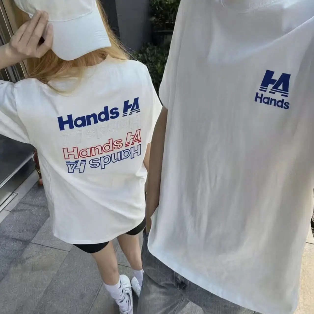 Men's Women's Oversized Crew Neck T-Shirt Hands HA Couple Matching Repeated Logo Short Sleeve Streetwear Casual Fashion Tee