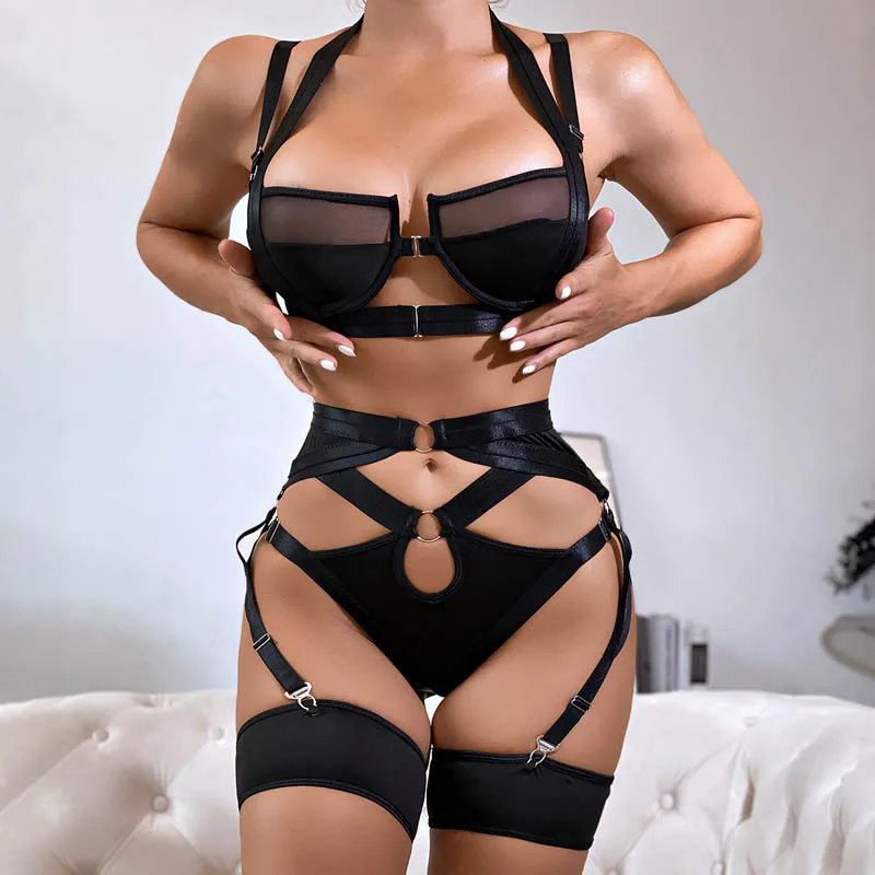 Conjunto de lencería Sexy para discoteca para mujer, disfraces eróticos, sujetador ahuecado, liguero, conjunto de ropa interior