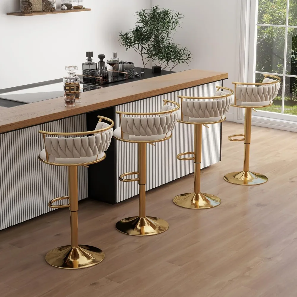 

360° Swivel Bar Stools Set of 4, Modern Adjustable Counter Height Velvet Bar Chair Gold Metal Stool with Woven Back & Footrest