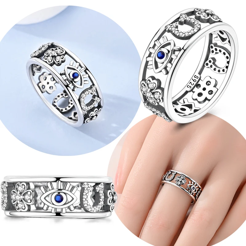 Original 925 Sterling Silber Zirkon Vier Kleeblatt Blue Eye Hufeisen Hohl-out Größe 6-9 Ring Für Frauen silber Schmuck Geschenk