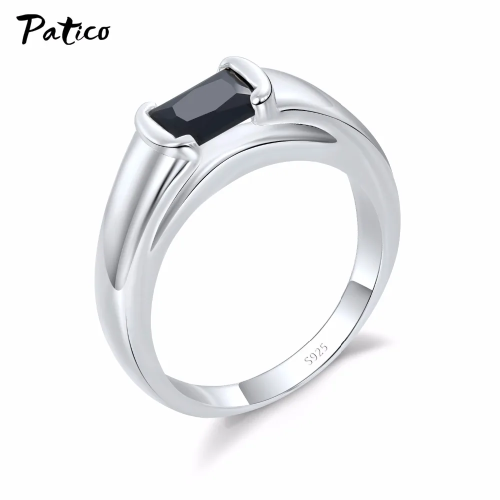 Simple Men Ring 925 Sterling Silver Wedding Rings For Women Square Black CZ Birthday Party Jewelry Russia Style Wholesale