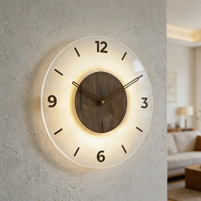Luminous Wall Clock Modern Walnut Wood Grain Transparent Glass Silent Non-Ticking Night Light Home Decor For Living Room Bedroom