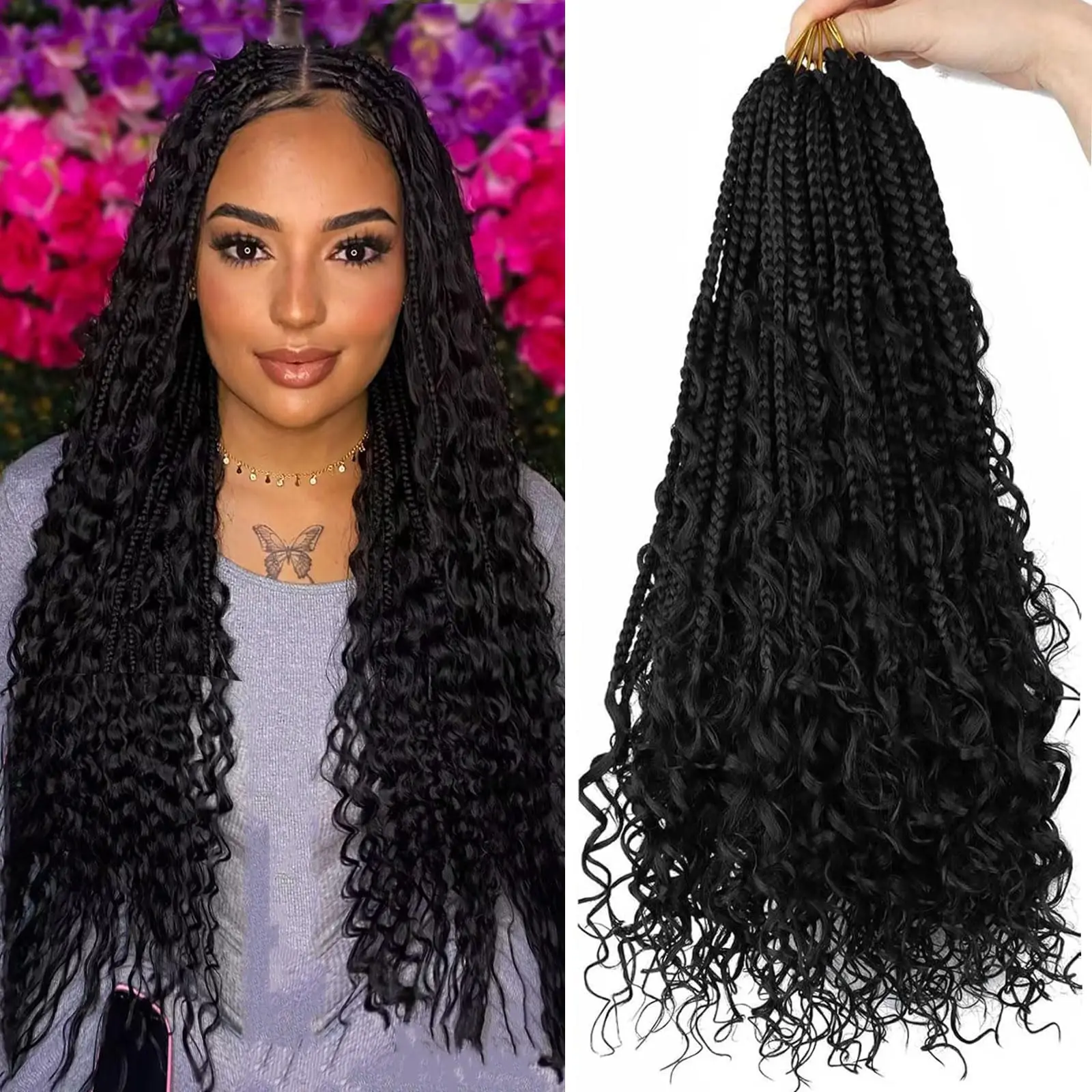 18 Inch 8 Packs Goddess Box Braids Crochet Hair Pre-looped Bohemian Box Braids with Curly Tips Synthetic Braiding Hair for Black Women