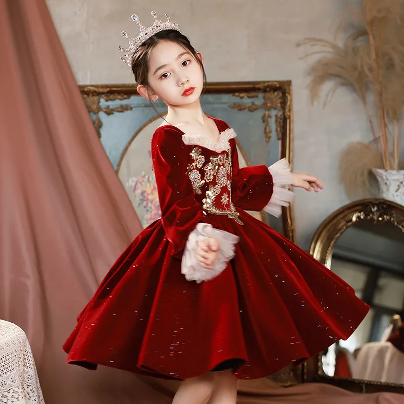 French Girls Elegant Evening Princess Ball Gown Children Fashion Sequin Design Long Sleeve Birthday Party Wedding Dress y1421