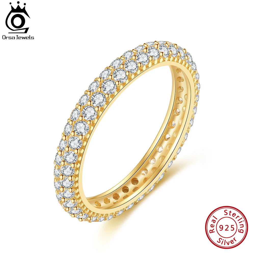 ORSA JEWELS Oryginalne 925 Sterling Silver 2 Rzędy Cyrkonia Obrączki ślubne 14-karatowe pozłacane Dainty Finger Band dla kobiet Biżuteria SR320