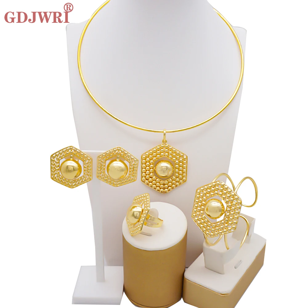 

2022 Fashion For Women Gold Color Jewelry Set Necklace Bracelet Earrings Ring 24K Dubai African Bridal Jewellery Sets Gift