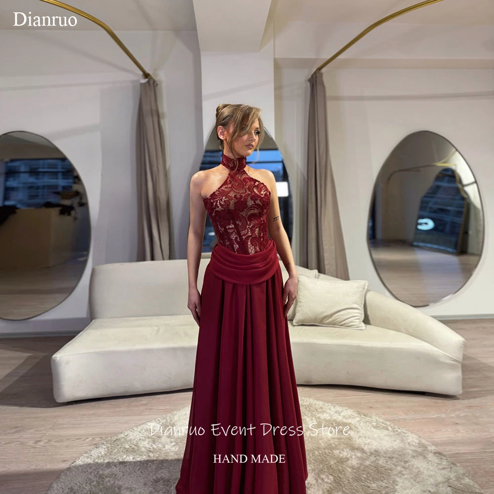 فساتين سهرة جميلة برقبة رسن من Dianruo باللون العنابي على شكل حرف A ماكسي فيستدو فورمالز مزينة بفيستدوس دي فيرانو حسب الطلب