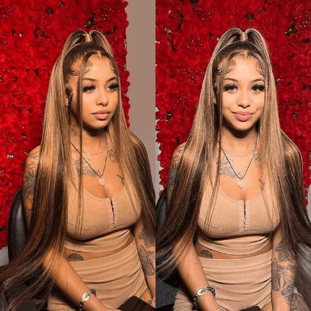 Hd 13x4 13x6 Highlight Straight Lace Front Human Hair Wig 360 Full Lace Wig PrePlucked Brazilian Blonde 4/27 Colored Frontal Wig