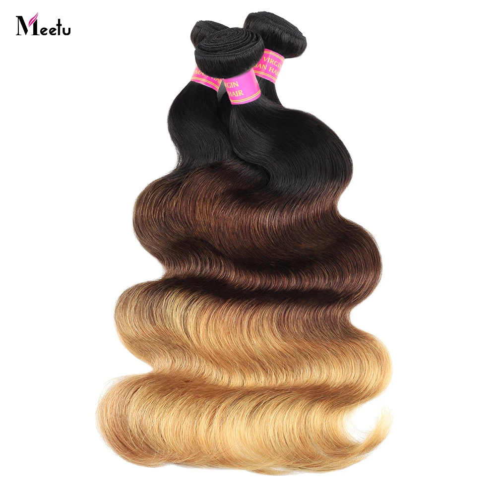 Meetu 1B 4 27 Brown Blonde Bundles Cabelo Humano Corpo Onda Feixes de Cabelo Humano Brasileiro Remy Cabelo Humano Weave Extensões 1/3/4 PCS