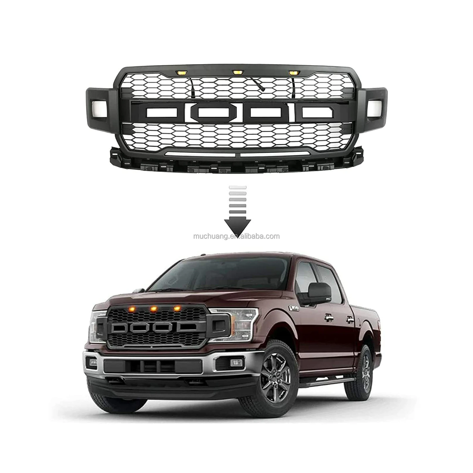 

American hot selling retail auto parts Car Grille For 2018 2019 2020 Ford Raptor Style F150 Pickup Mesh Upper Hood Grille LED