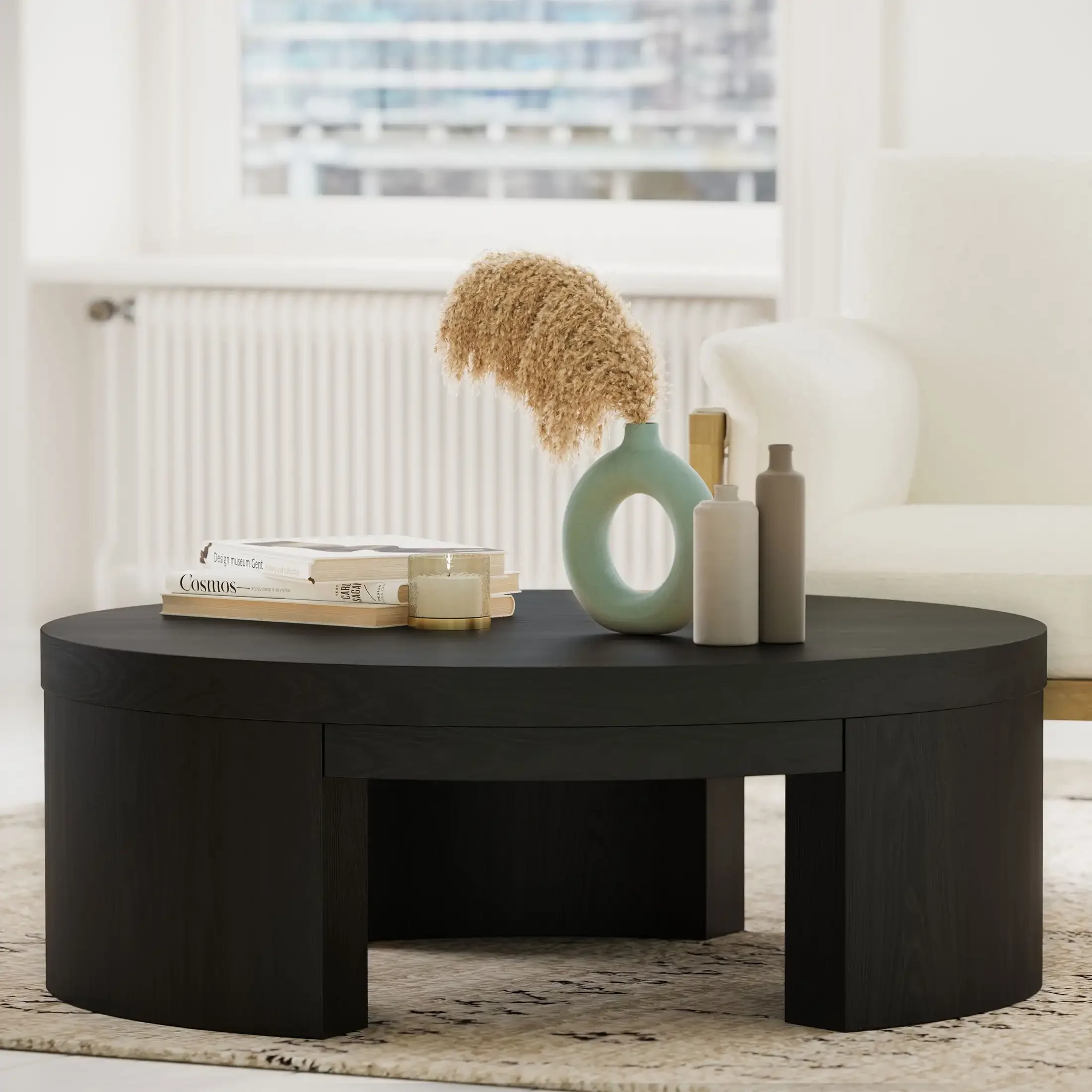 

Spacious, Round 40-inch Tabletop for Ample Surface Area Mod Round Coffee Table By Drew Barrymore, Black Wood Finish