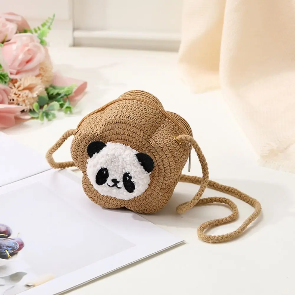 Saco tecido palha com design bonito panda, bolsa de ombro para viagens, criativa, cor sólida, bolsa de praia