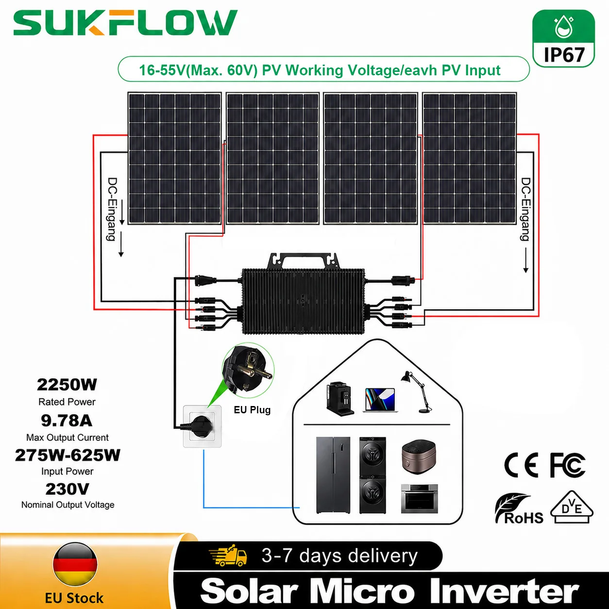 2250W Solar-Mikrowechselrichter Plug-and-Play 4 MPPT WiFi-Überwachung IP67 Wasserdicht Balkon Haus Netzgekoppelter PV-Wechselrichter