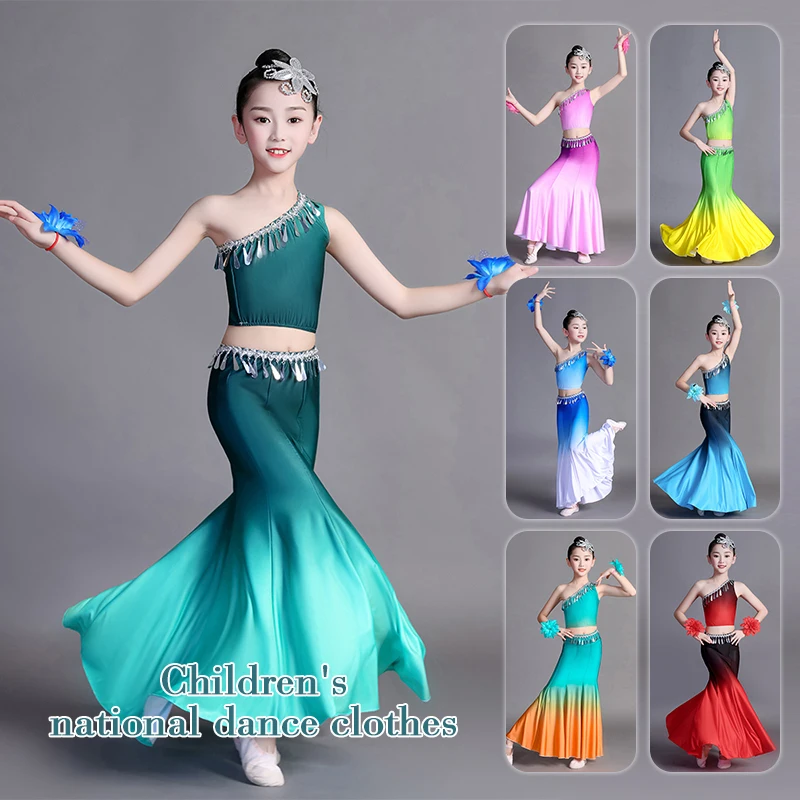 

1 Set Child Minority Peacock Dance Skirts Traditional National Dai Dance Costumes Girl Classical Dance Fishtail Wrap Hip Dress