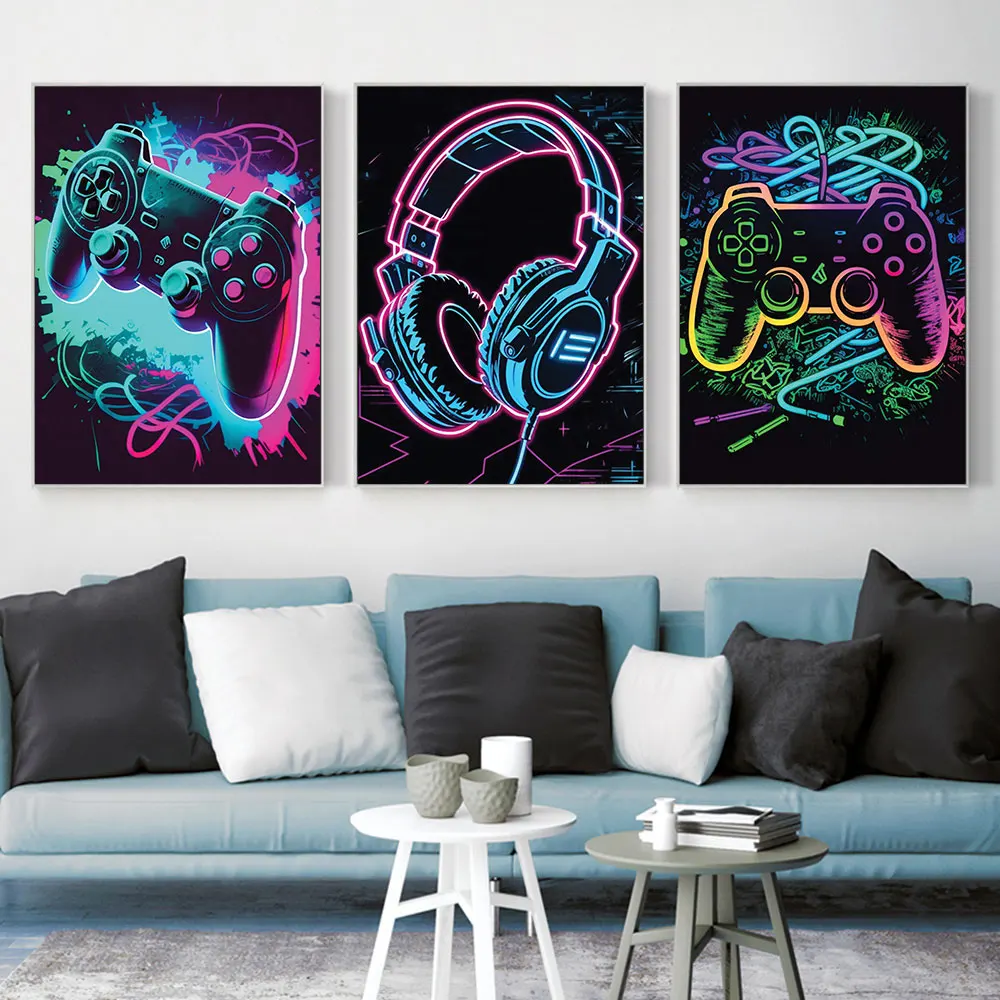 Set of 3 Neon Gaming Canvas Paintings Gamepad Abstract Posters and Prints Wall Art Pictures Gamer Gift for Man Boys Room Decor