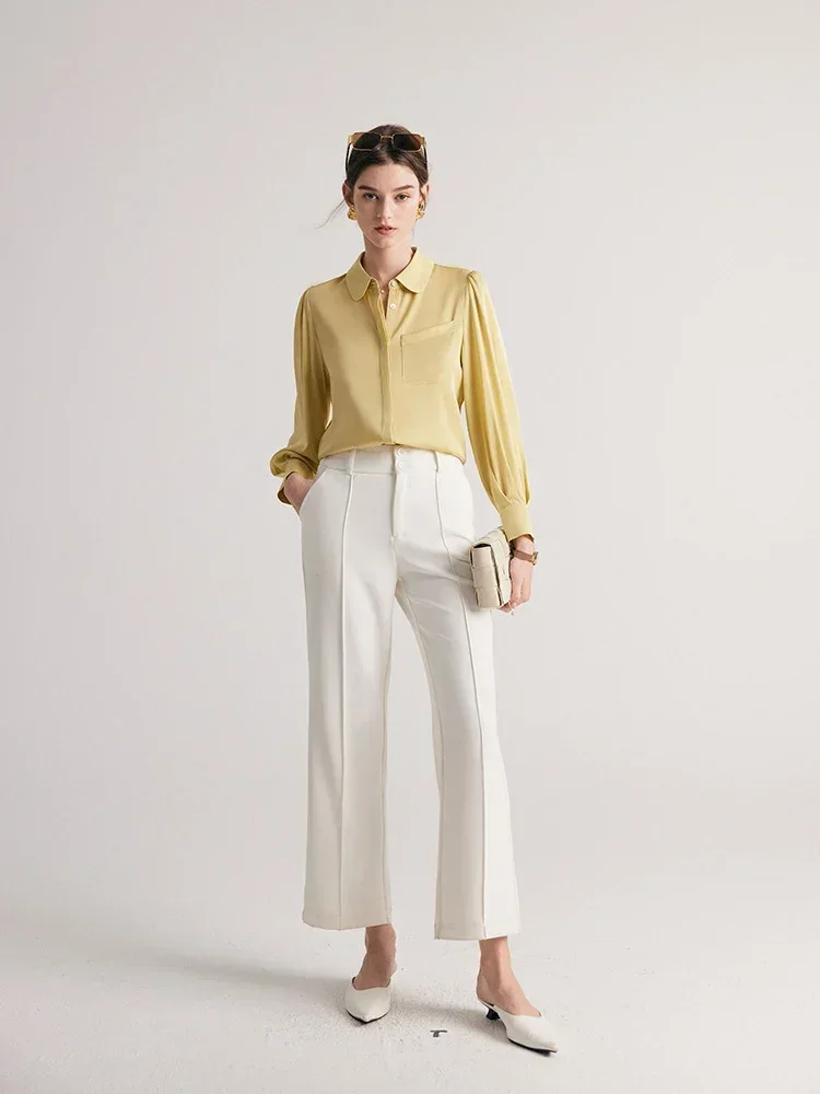 Suyadream camisas femininas sólidas 90% seda 10% elastano bolso no peito mangas bufantes blusas chiques 2023 outono inverno senhora do escritório topo azul