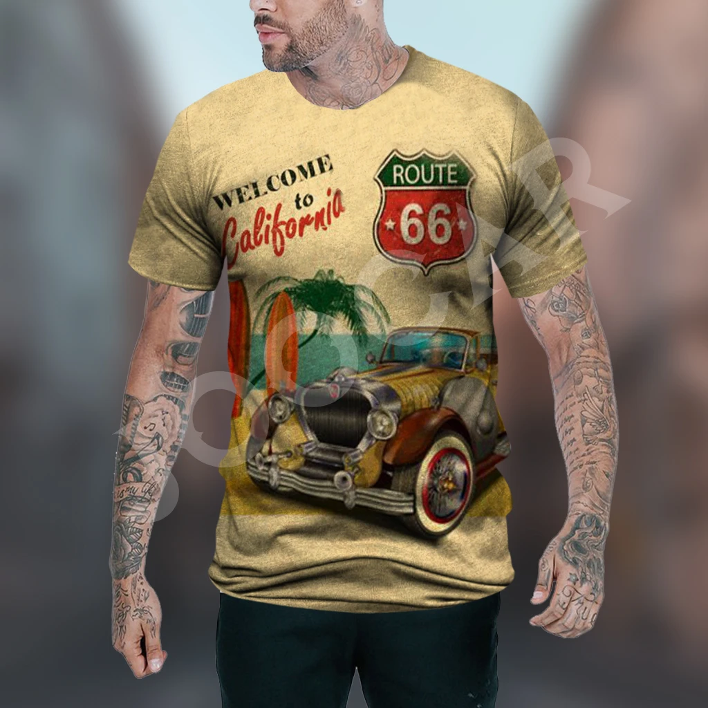 Route 66 Gas Station Men\'s Vintage Print Casual Short Sleeve T-Shirt