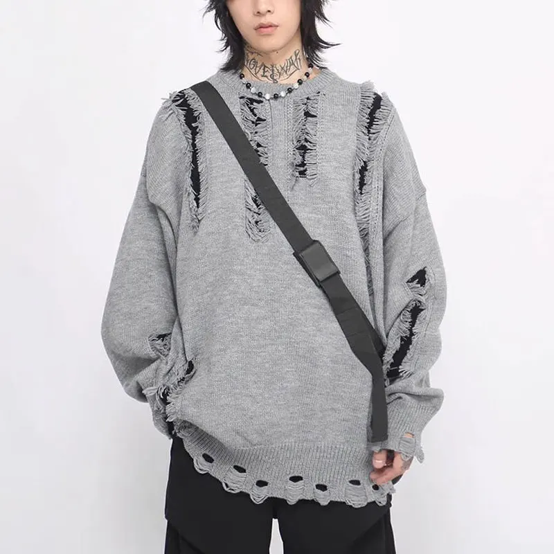 

High Street Stylish Frayed Pullovers Knitted Autumn Winter Basic Solid Color Men's Clothing Young Style Casual Loose Sweaters