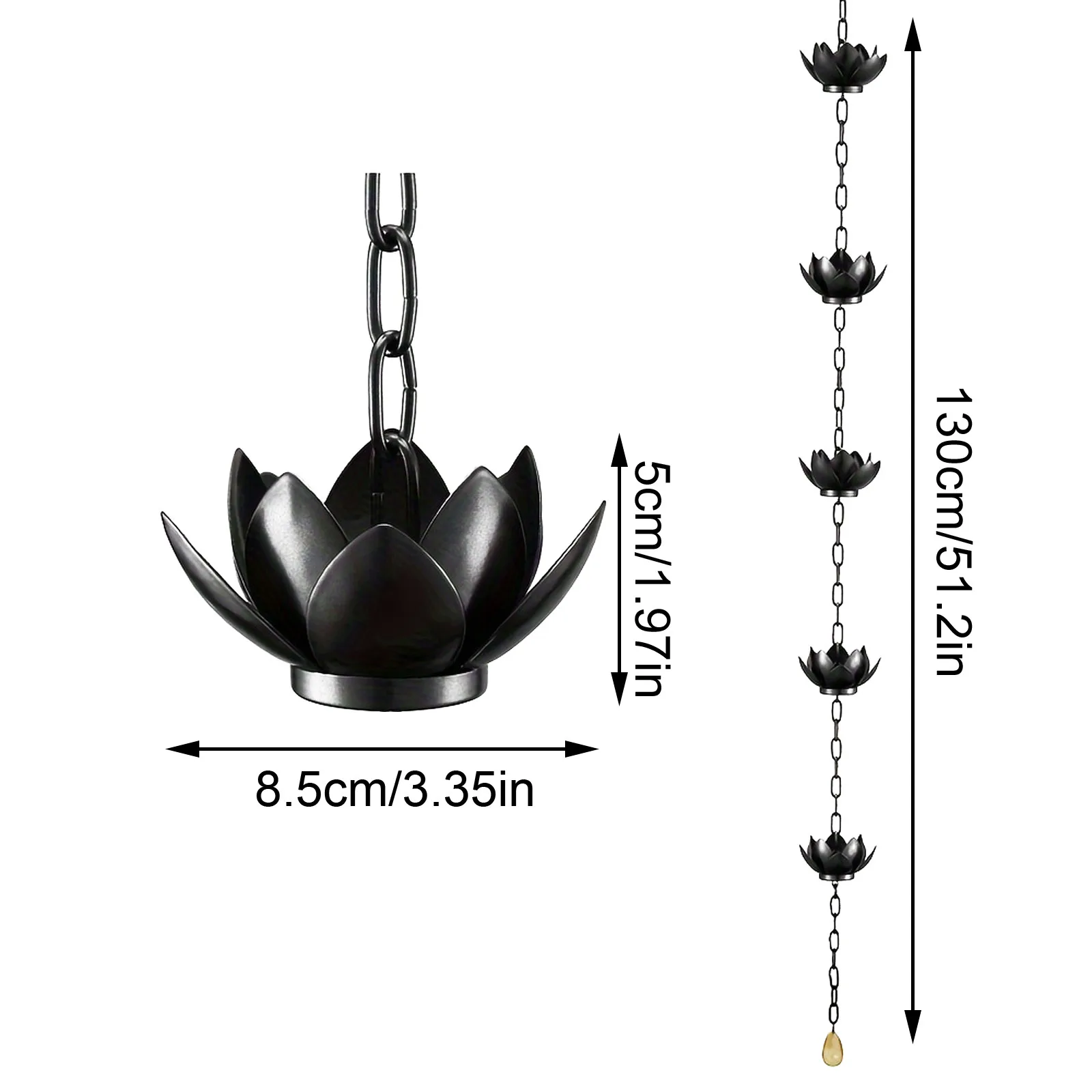 Adjustable Black Pow Elegant Lotus Rain Chain For Outdoor Gutters Divert Water With Stylish Rain Cups, Downspout Replacement