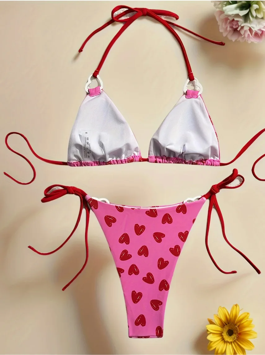 Seksowne różowe mikro bikini z wzorem serca, dwuczęściowe stroje kąpielowe wiązane na szyi, odzież plażowa, kostium kąpielowy, biquini, tankini