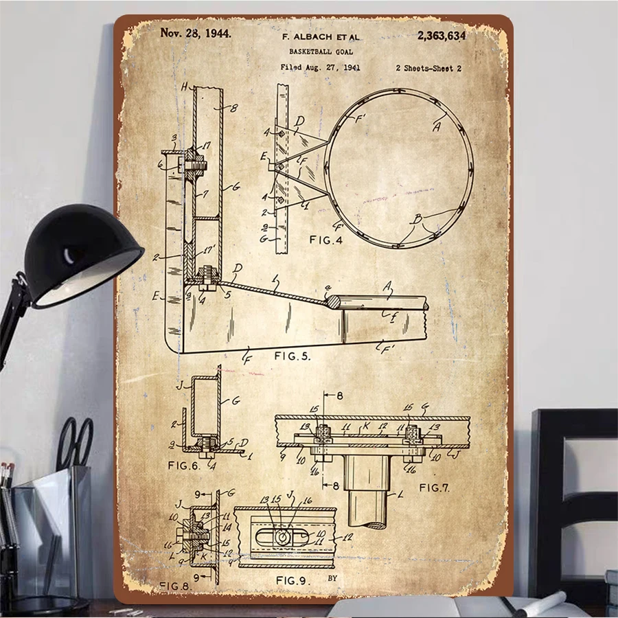 Vintage Basketball Hoop Patent Drawing Metal Wall Art American Industrial Home Decor Bar Decoration Collectible