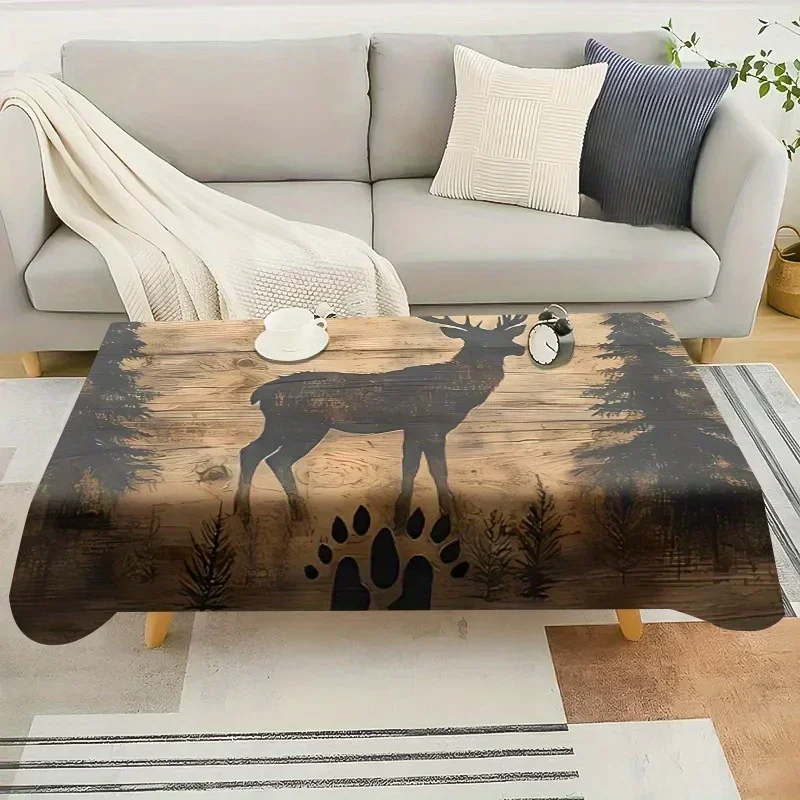 One classic brown wood-grain tablecloth with deer pattern - modern rectangular polyesterxzj