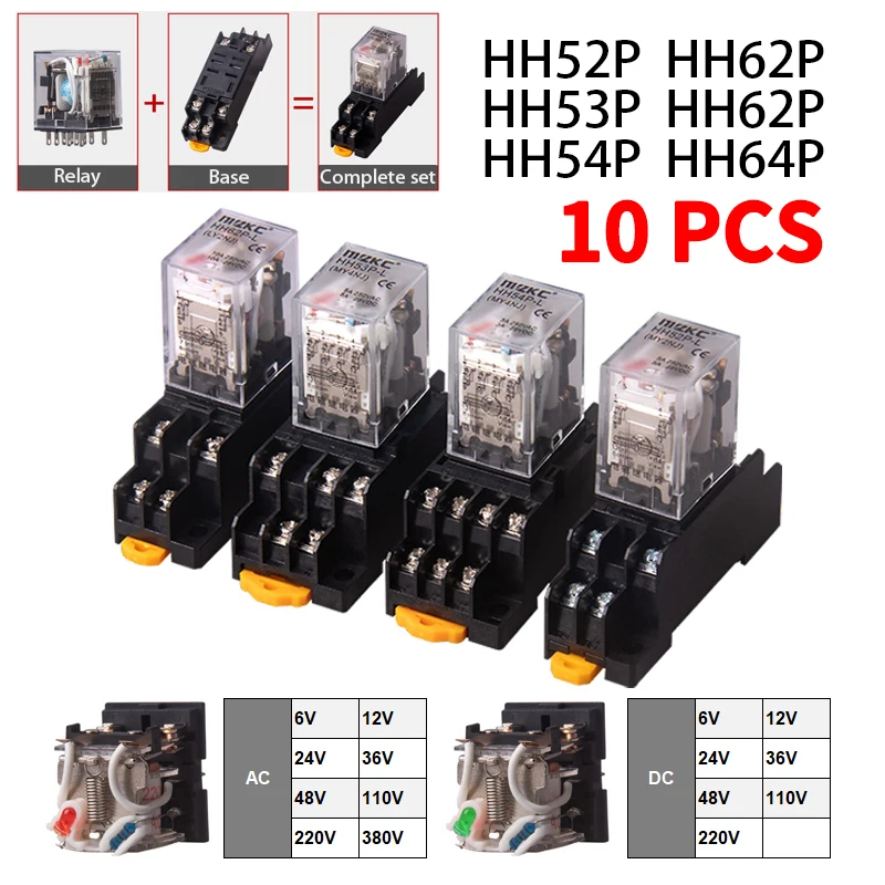 10 PCS For Wholesale Miniature Control Relays Small Intermediate Relay AC 12V DC C24 AC220 HH52P HH53P HH54P HH62P HH63P HH64P