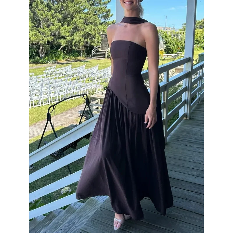 Robe de plage rétro pour femmes, mode maille épissage, robe fendue élégante, tempérament européen et américain, sans manches