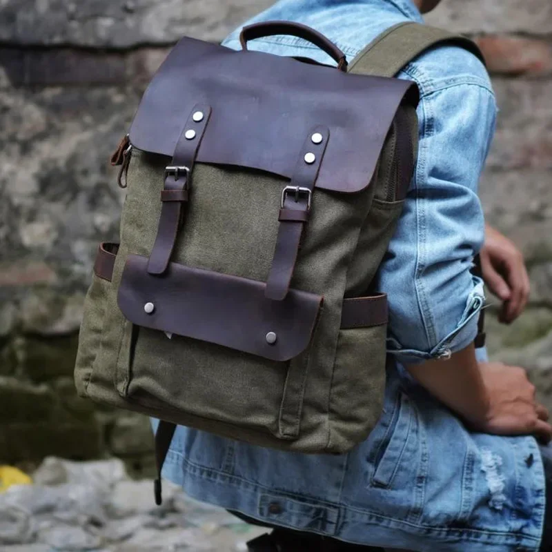 Bolsa de Montañismo a la moda para hombre, mochila de lona Vintage, bolso escolar de cuero, bolsa de viaje neutra portátil, resistente al desgaste,