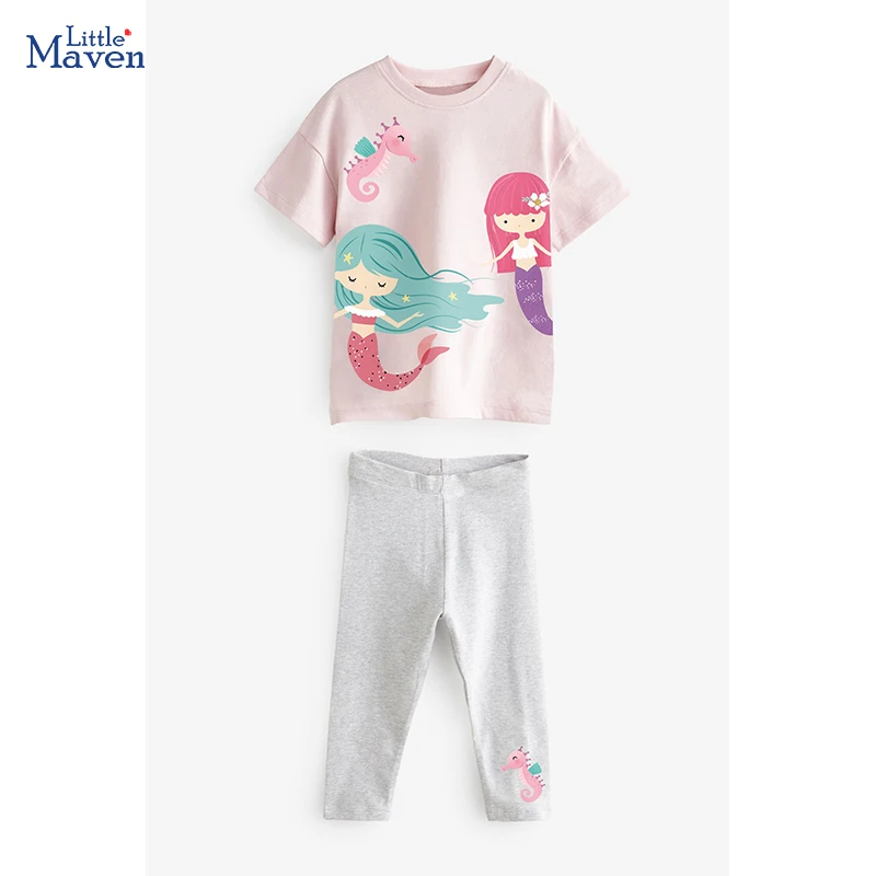 Little maven 2025 New Tracksuit Summer Cotton Baby Girls Children\'s Clothing Sets Cartoon Mermaid Tops+Pants Kids Clothes
