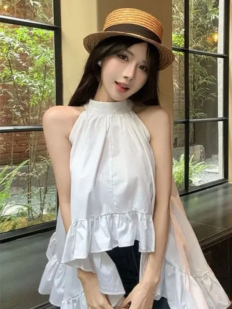 

Irregular Ruffles Sleeveless Solid Shirts Women Summer Sweet Off Shoulder Versatile Thin Tops Korean Fashion Y2k Blouse