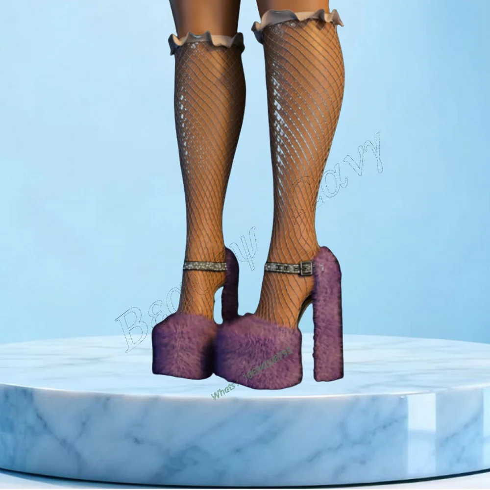 

Purple Fur Platform Pumps Square Heels Ankle Buckle Round ToeThick Chunky High Shoes Sexy Women Shoes New Zapatos Para Mujere