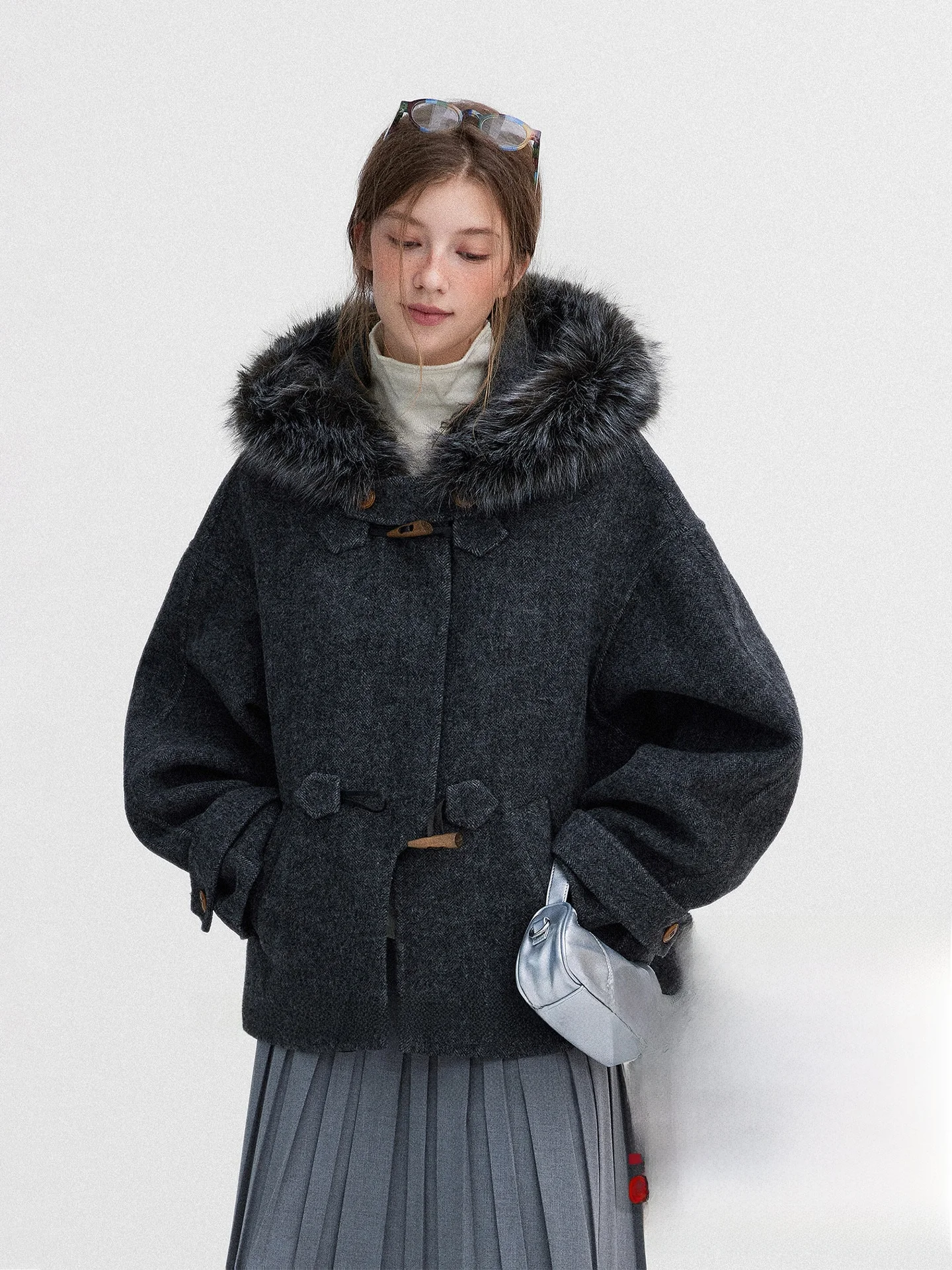 

Двустороннее шерстяное пальто с капюшоном для девочек, осенне-зимняя модная верхняя одежда, асимметричное пальто на пуговицах из австралийской шерсти