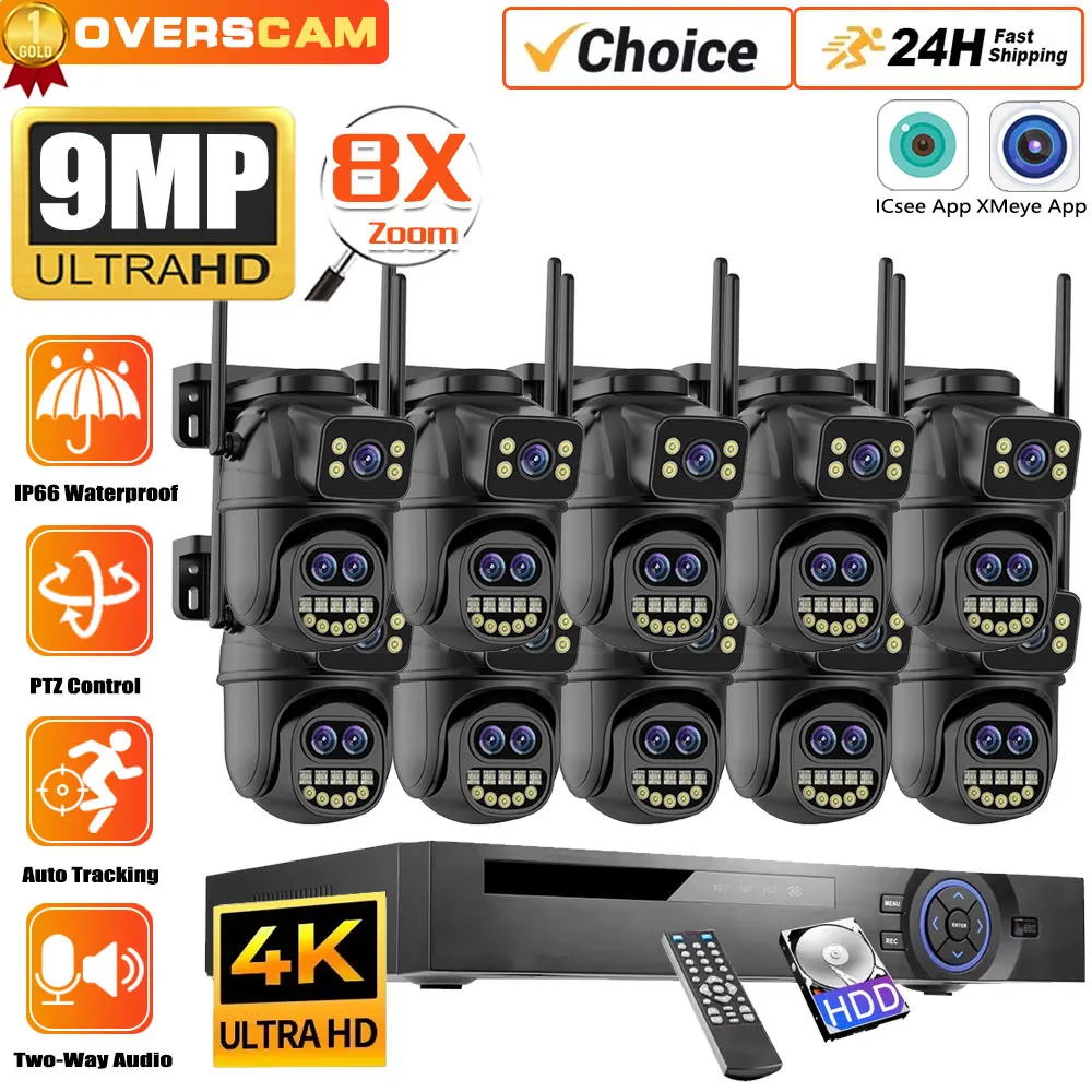 

Three Lens Auto Track 9MP WIFI Cameras 8X Zoom PTZ Wireless CCTV Smart Video Surveillance System 10CH XMEye 10CH 4K POE NVR Kit