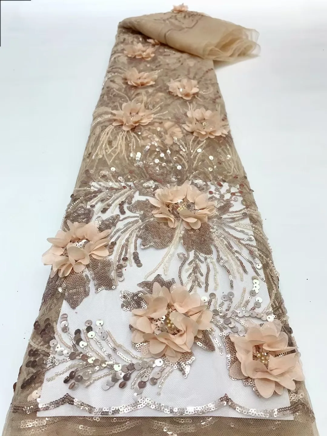 

African 3D Flower Lace Fabric Embroidery French Mesh Lace Fabric with Sequins Groom Nigerian Tulle Lace for Party Dress HFS6245