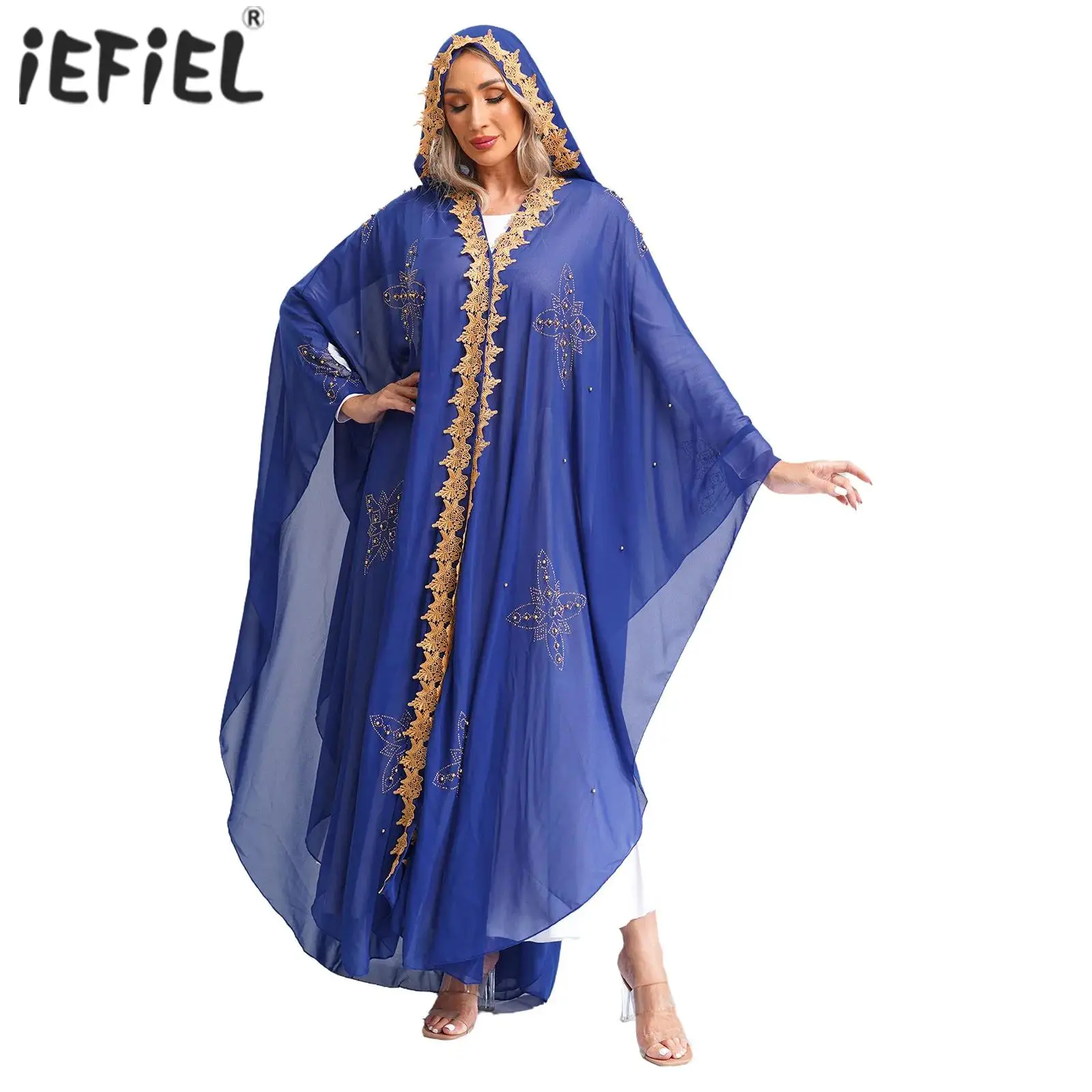 Muslim Dress for Women Loose Batwing Sleeved Hooded Beaded Long Abaya Dress Kaftan Abayas Islamic Robe Ramadan Church Dress