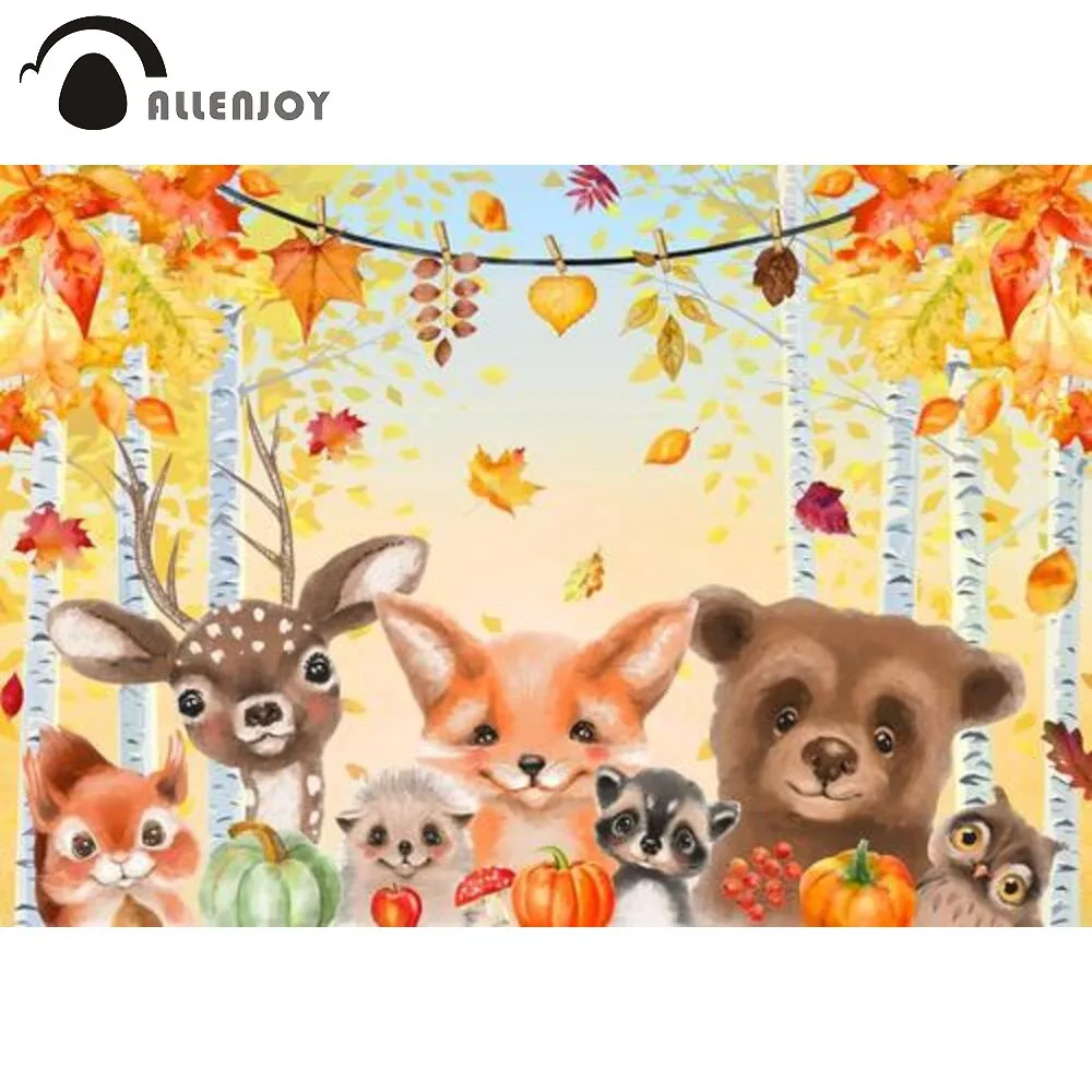 

Allenjoy Autumn Woodland Animals Baby Shower Background Birthday Party Newborn Fall Leaves Decor Banner Photobooth Backdrop