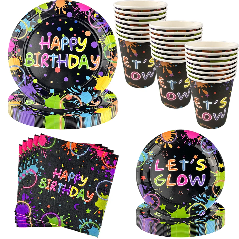 Decoración de fiesta de neón, vajilla desechable, platos de papel, vasos, servilletas, mantel, brillo de neón, decoración de fiesta de Graffiti colorida de cumpleaños