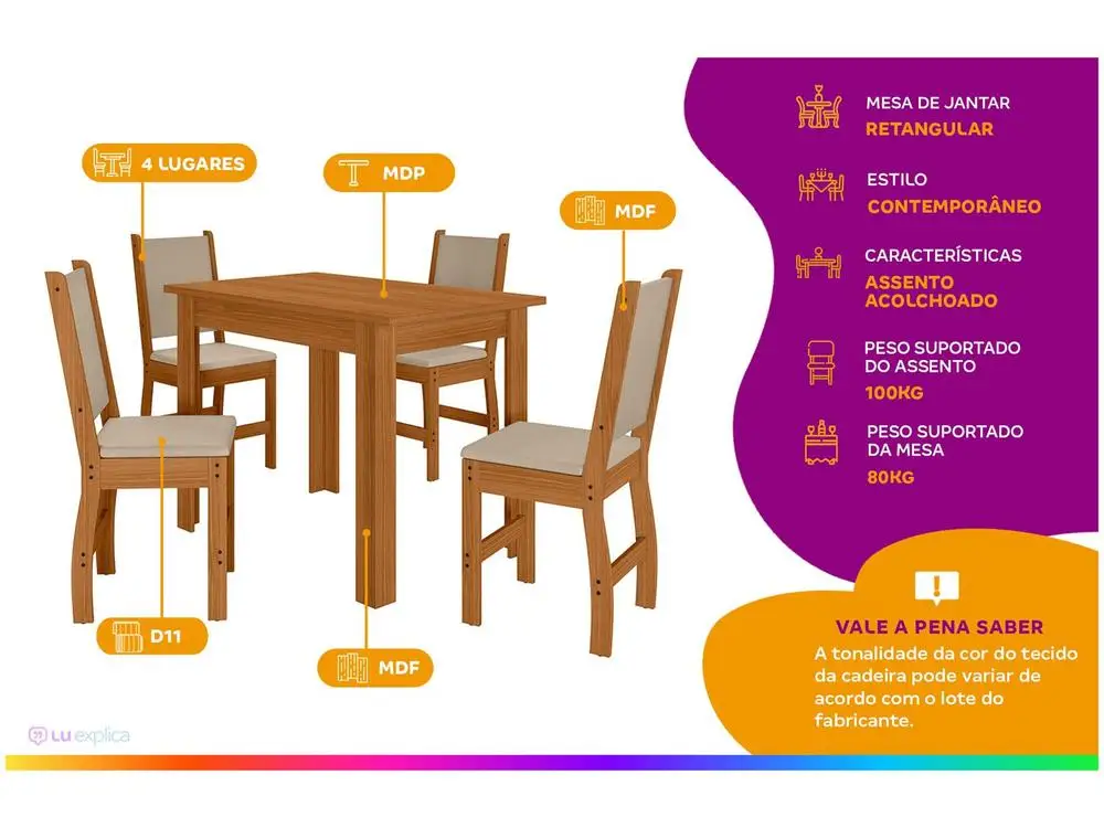 Mesa de Cozinha 4 Cadeiras Retangular Bellagio Poliman Móveis