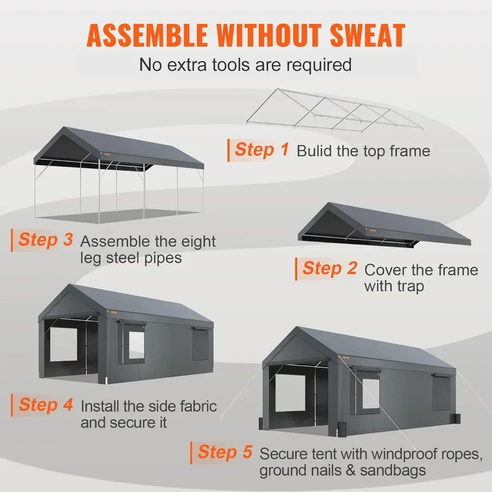 10x20ft, Heavy Duty Car Port with Roll-up Ventilated Windows & Removable Sidewalls, UV Resistant Waterproof All-Season Tarp