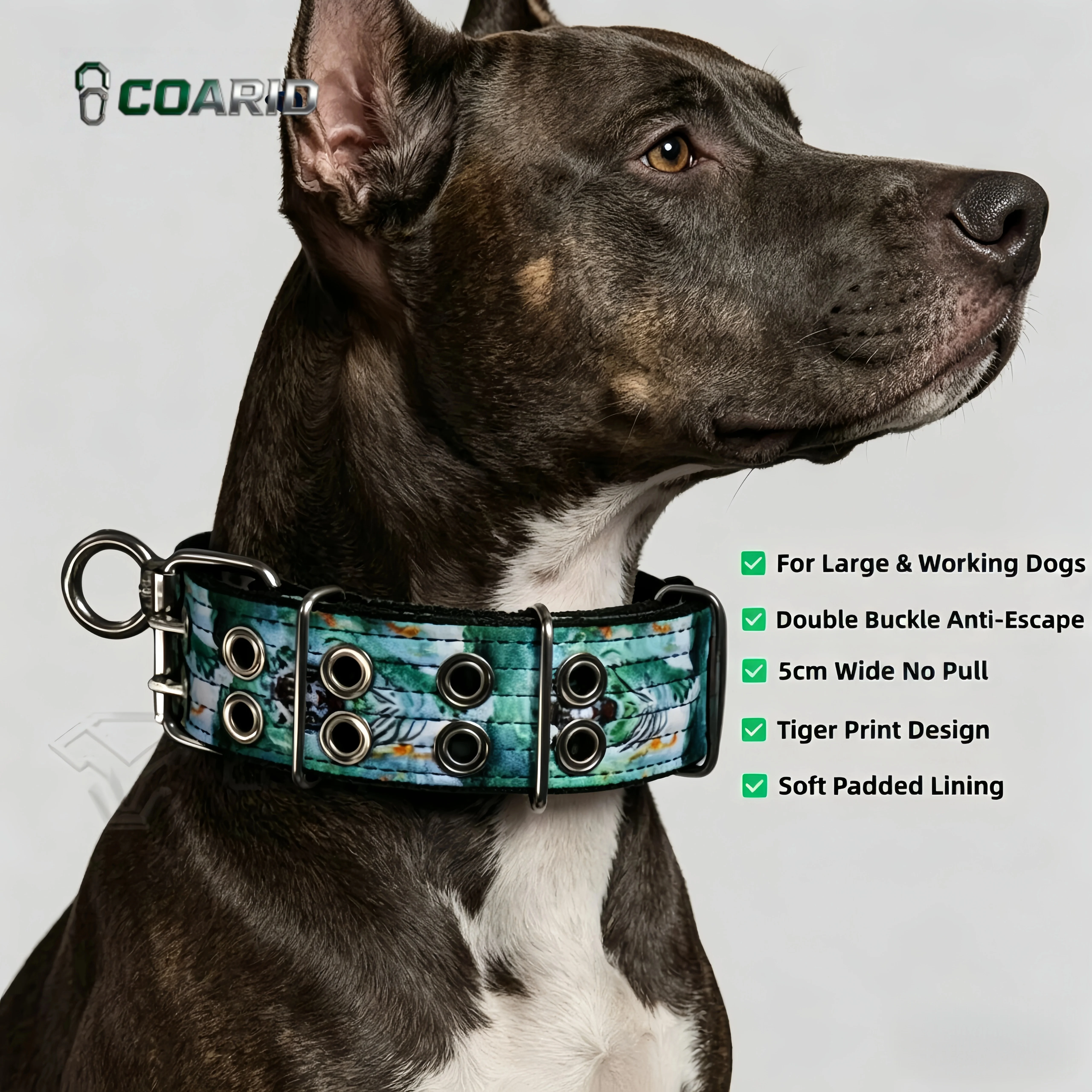 

Dog Collar Heavy Duty Tiger Print for Large Dogs, Double Buckle 100% Escape Proof 5cm Wide No Pull Pet Collar with Swivel D-Ring