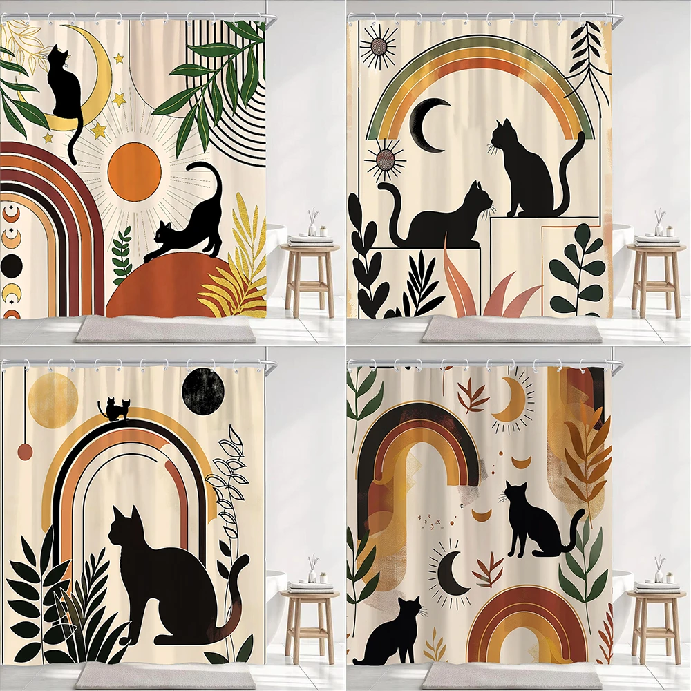 1pc Nordic Art Cartoon Black Cat Print Shower Curtain Partition Privacy Hanging Bathroom Curtain with Hooks Decoration Curtain